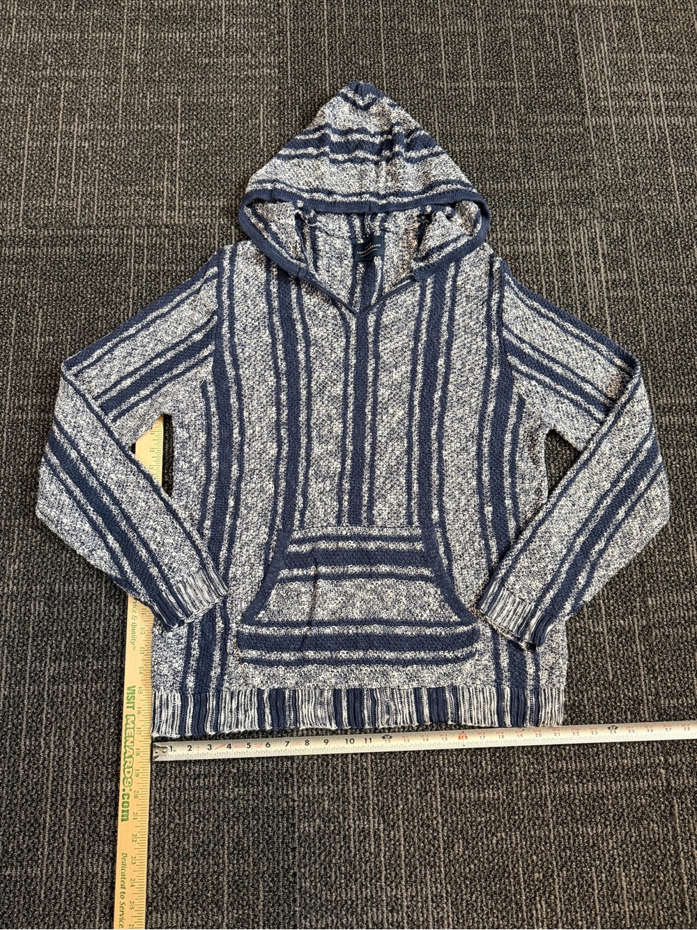 LUCKY BRAND Blue Striped Baja Hoodie Unisex Pocket V Neck Size L
